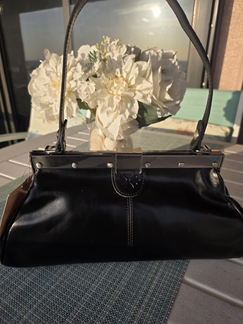 Patricia Nash Black Leather Frame-Top Shoulder Bag